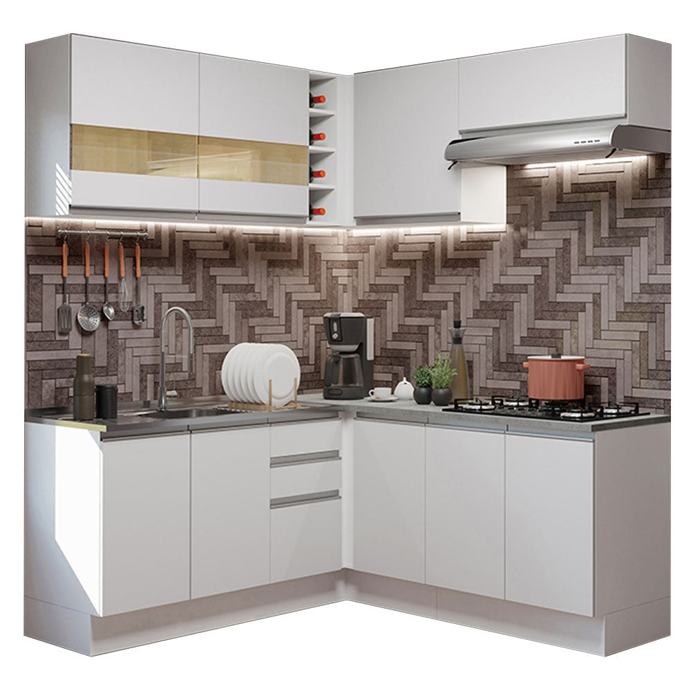Armário de Cozinha Completa de Canto 349cm Branco Glamy Madesa 01