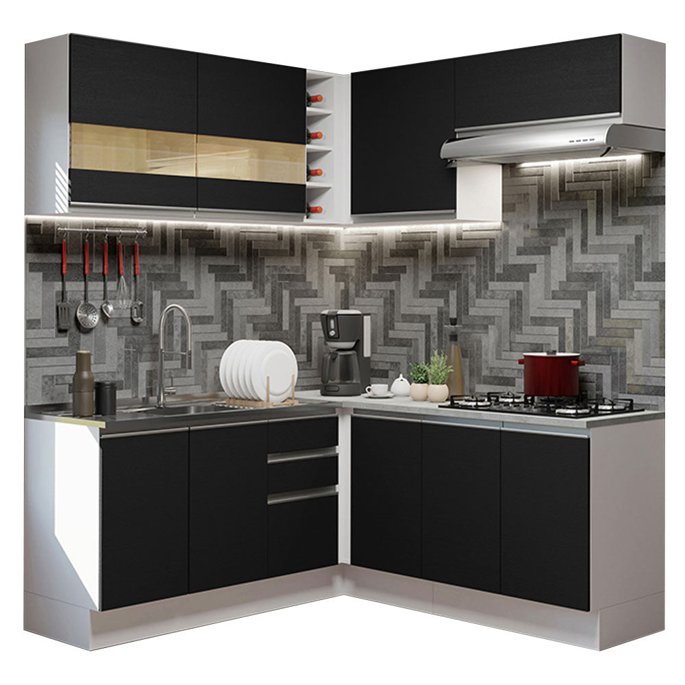 Armário de Cozinha Completa de Canto 349cm Branco/Preto Glamy Madesa 01