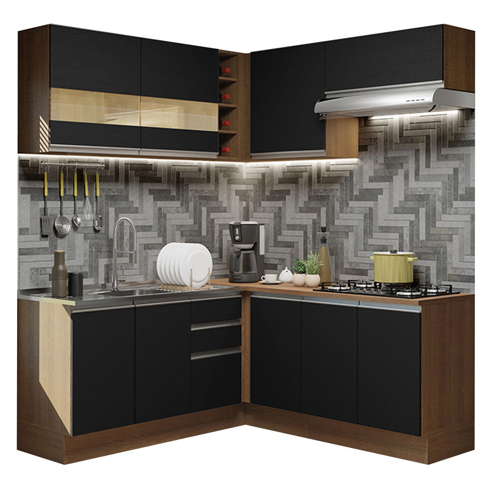 Armário de Cozinha Completa de Canto 349cm Rustic/Preto Glamy Madesa 01