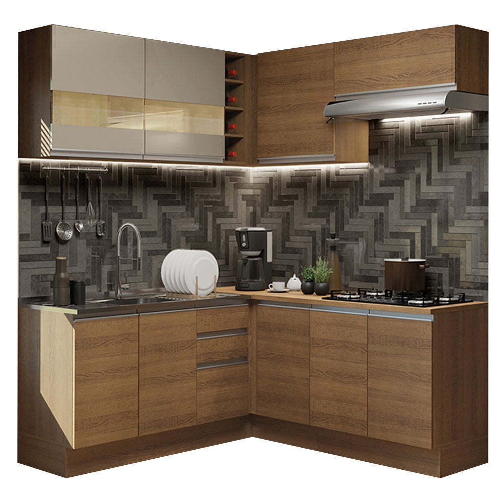 Armário de Cozinha Completa de Canto 349cm Rustic/Rustic/Crema Glamy Madesa 01