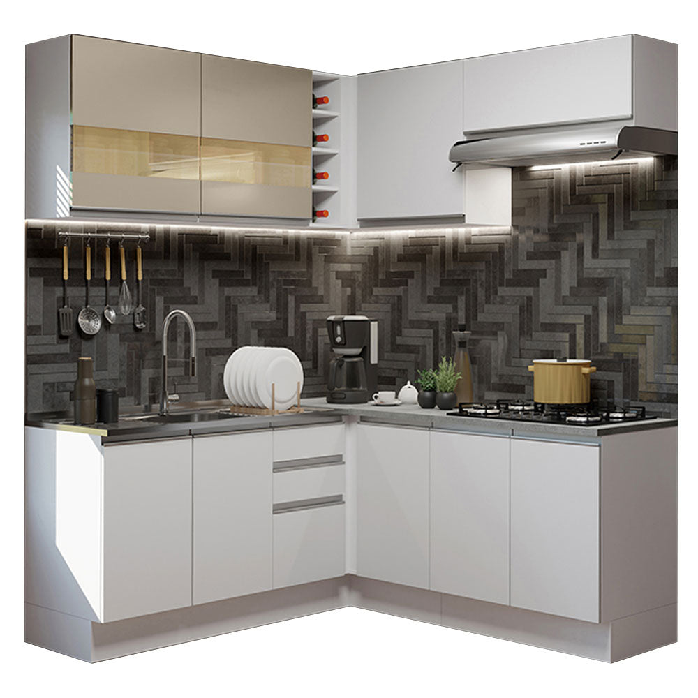 Armário de Cozinha Completa de Canto 349cm Branco/Branco/Crema Glamy Madesa 01