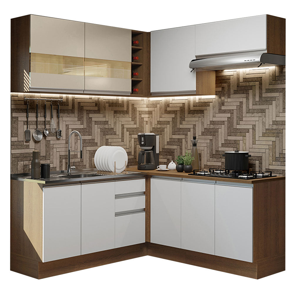 Armário de Cozinha Completa de Canto 349cm Rustic/Branco/Crema Glamy Madesa 01