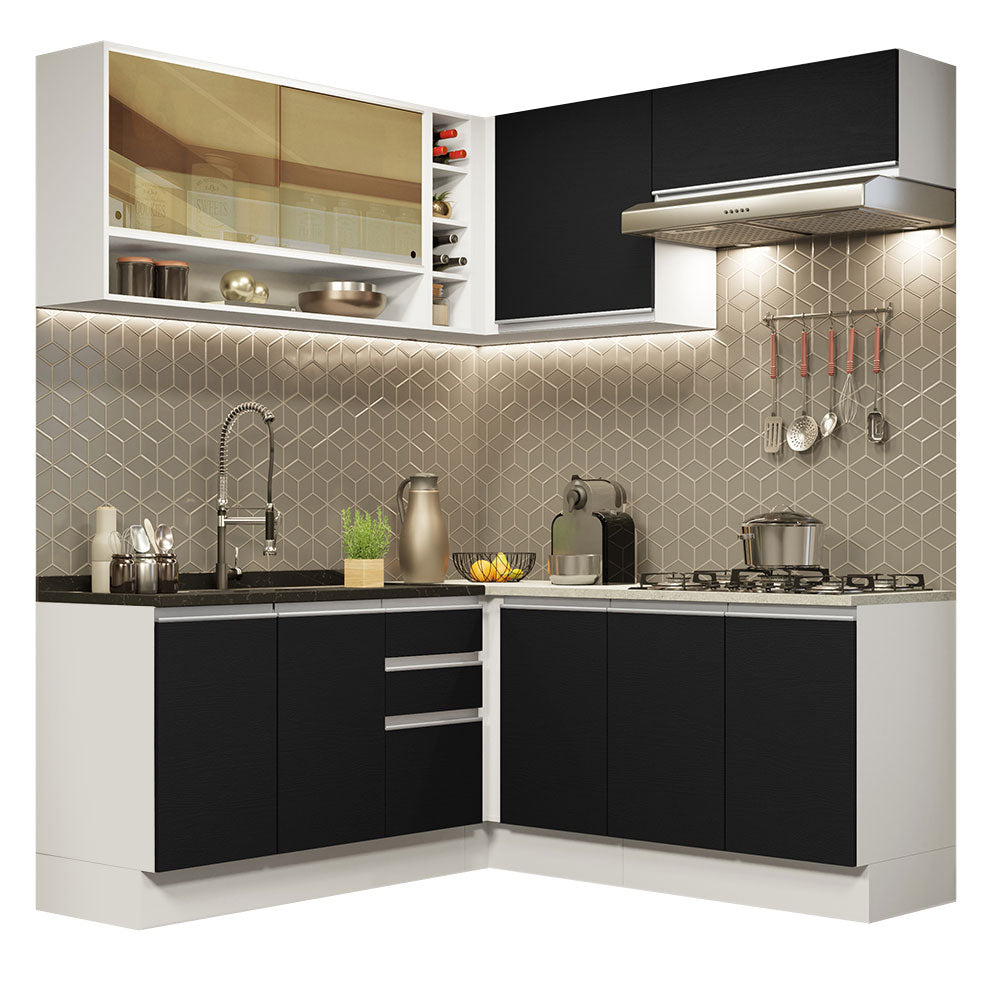 Armário de Cozinha Completa de Canto 349cm Branco Preto Glamy Madesa 02