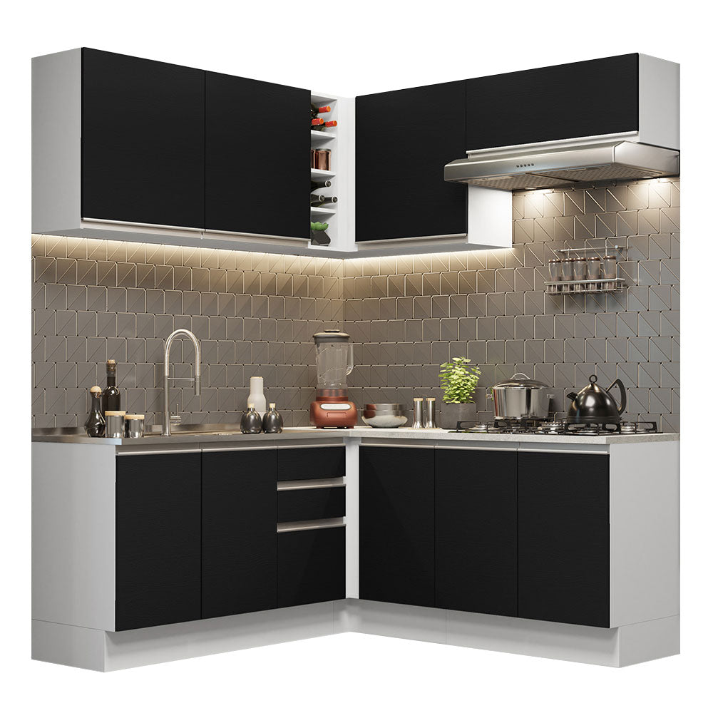 Armário de Cozinha Completa de Canto 349cm Branco Preto Glamy Madesa 03