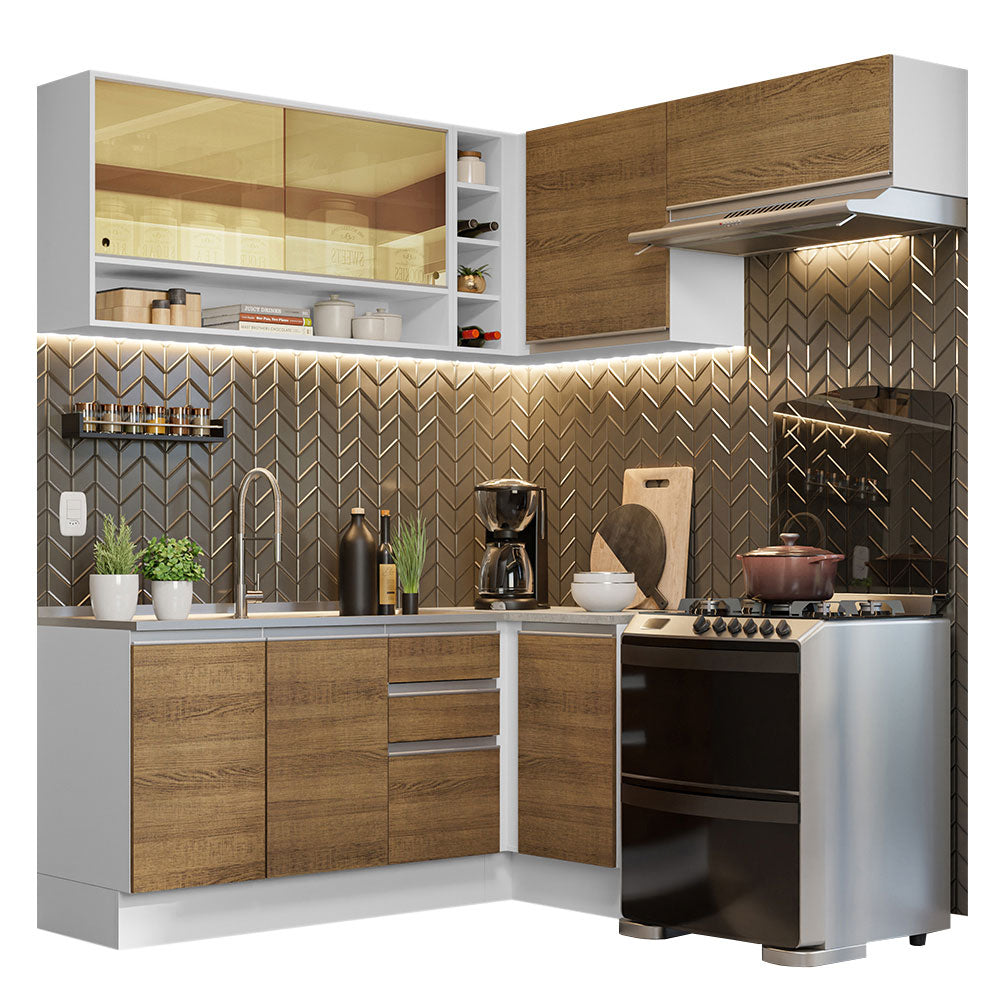 Armário de Cozinha Completa de Canto 349cm Branco/Rustic Glamy Madesa 06