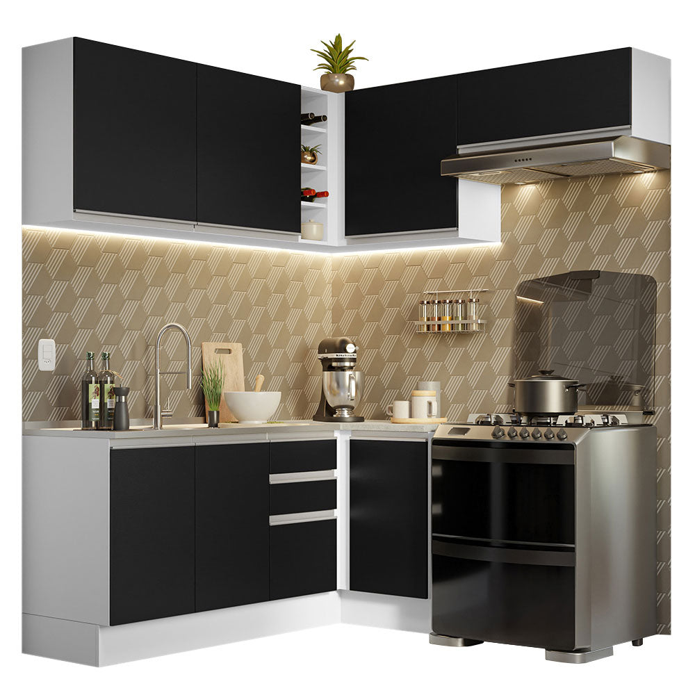 Armário de Cozinha Completa de Canto 349cm Branco/Preto Glamy Madesa 07
