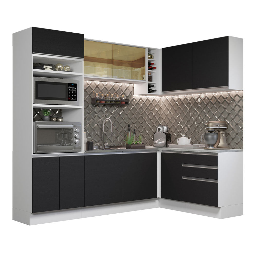 Armário de Cozinha Completa de Canto 399cm Branco Preto Glamy Madesa 02