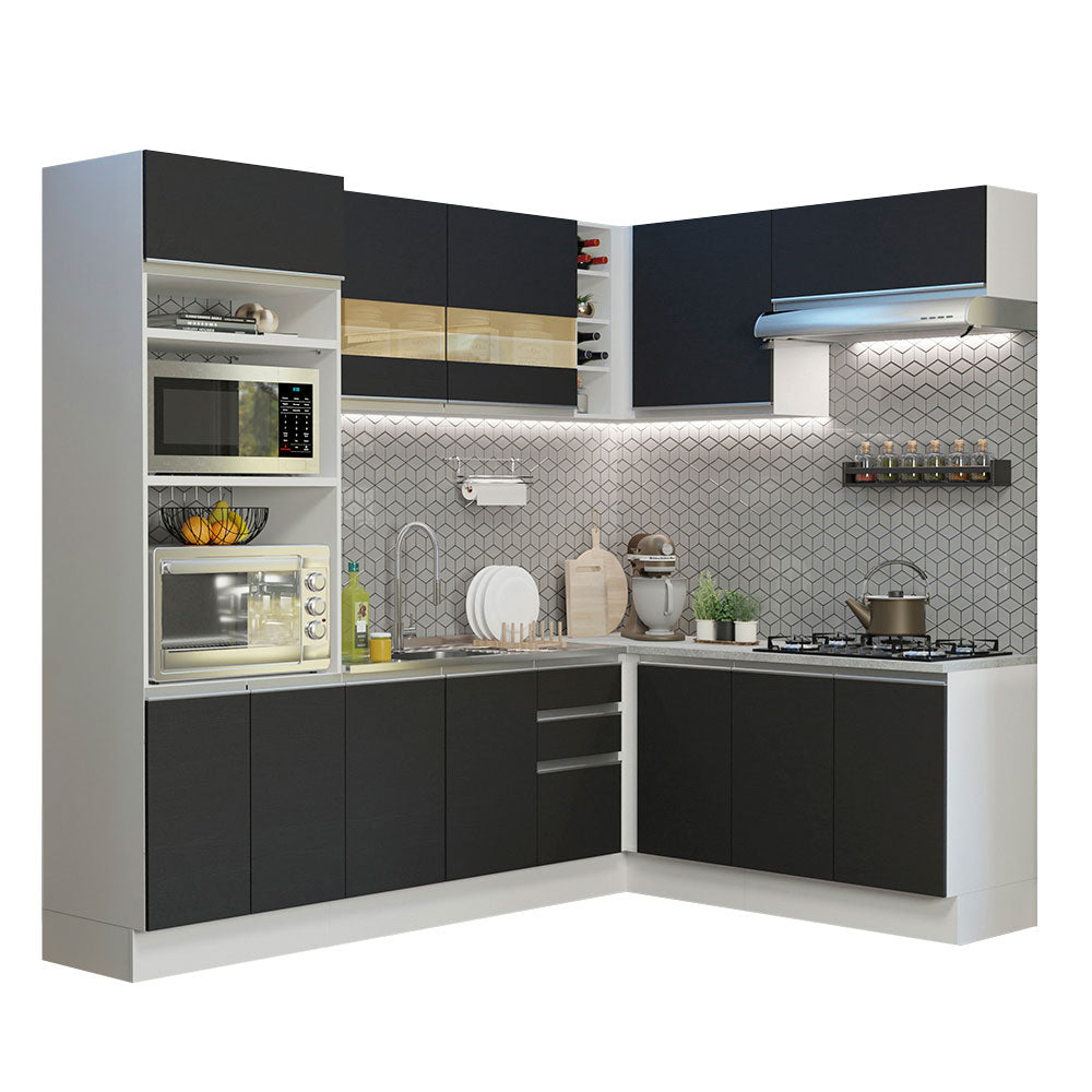 Armário de Cozinha Completa de Canto 419cm Branco/Preto Glamy Madesa 01