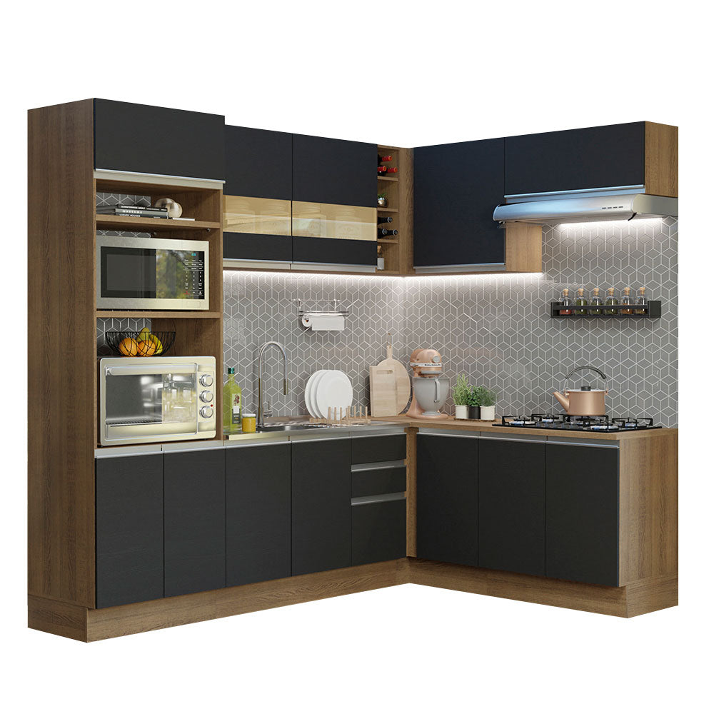 Armário de Cozinha Completa de Canto 419cm Rustic/Preto Glamy Madesa 01
