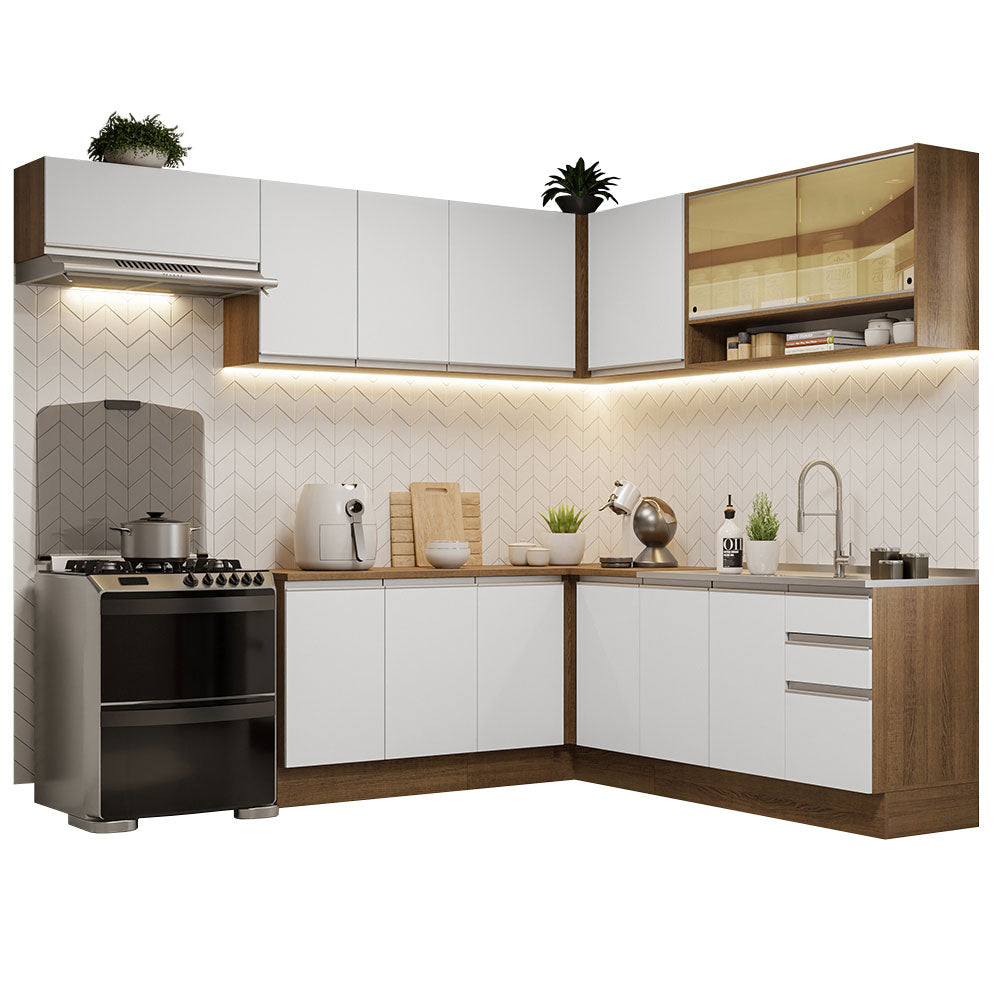 Armário de Cozinha Completa de Canto 469cm Rustic/Branco Glamy Madesa 01
