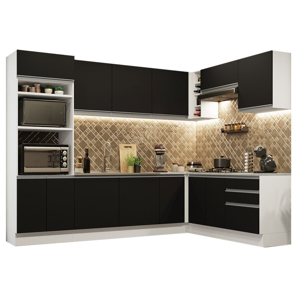 Armário de Cozinha Completa de Canto 479cm Branco Preto Glamy Madesa 01