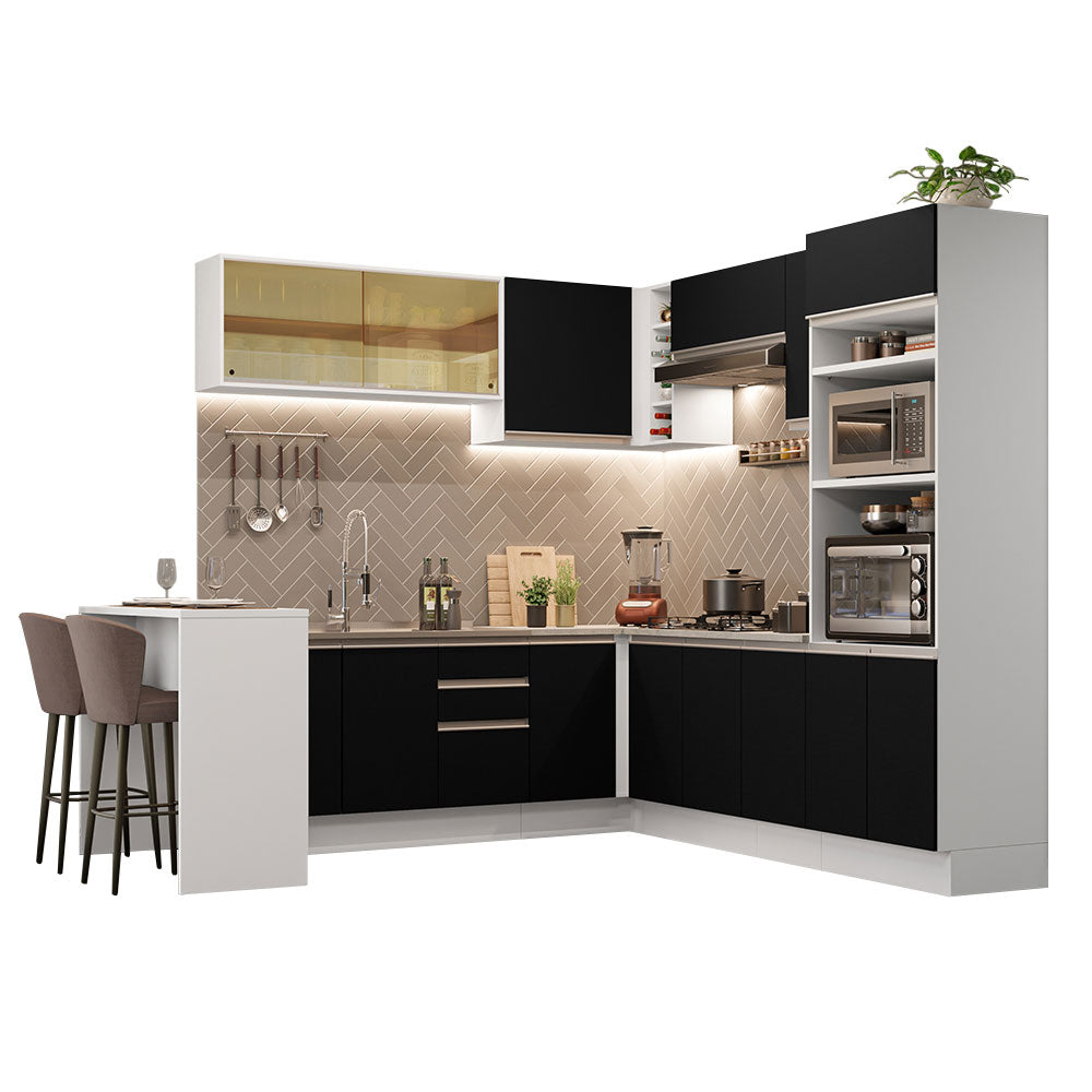 Armário de Cozinha Completa de Canto 504cm Branco/Preto Glamy Madesa 01