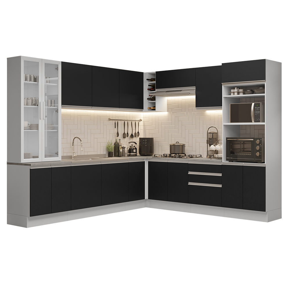 Armário de Cozinha Completa 549cm Branco/Preto Glamy Madesa 01