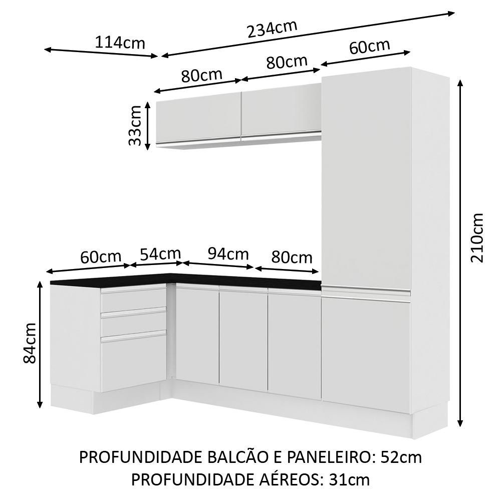Kit Área De Serviço Madesa Acordes 100% MDF com Armário, Gaveteiro e Balcão de Canto Portas Branco Brilho