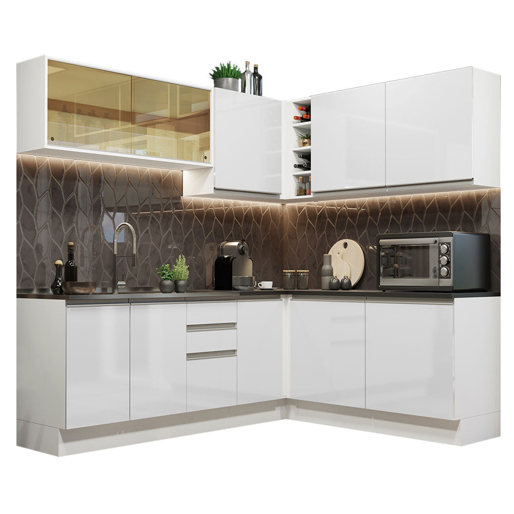 Armário de Cozinha Completa de Canto 100% MDF 389cm Frentes Branco Brilho Acordes Madesa 02