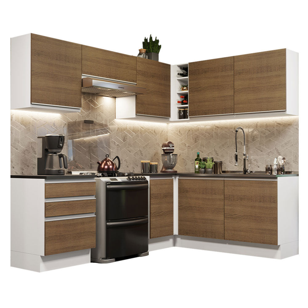 Armário de Cozinha Completa de Canto 100% MDF 409cm Branco/Rustic Acordes Madesa 01