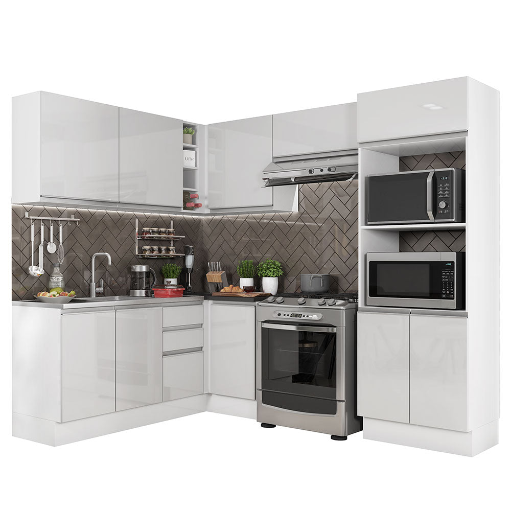 Armário de Cozinha Completa de Canto 100% MDF 419cm Frentes Branco Brilho Acordes Madesa 01