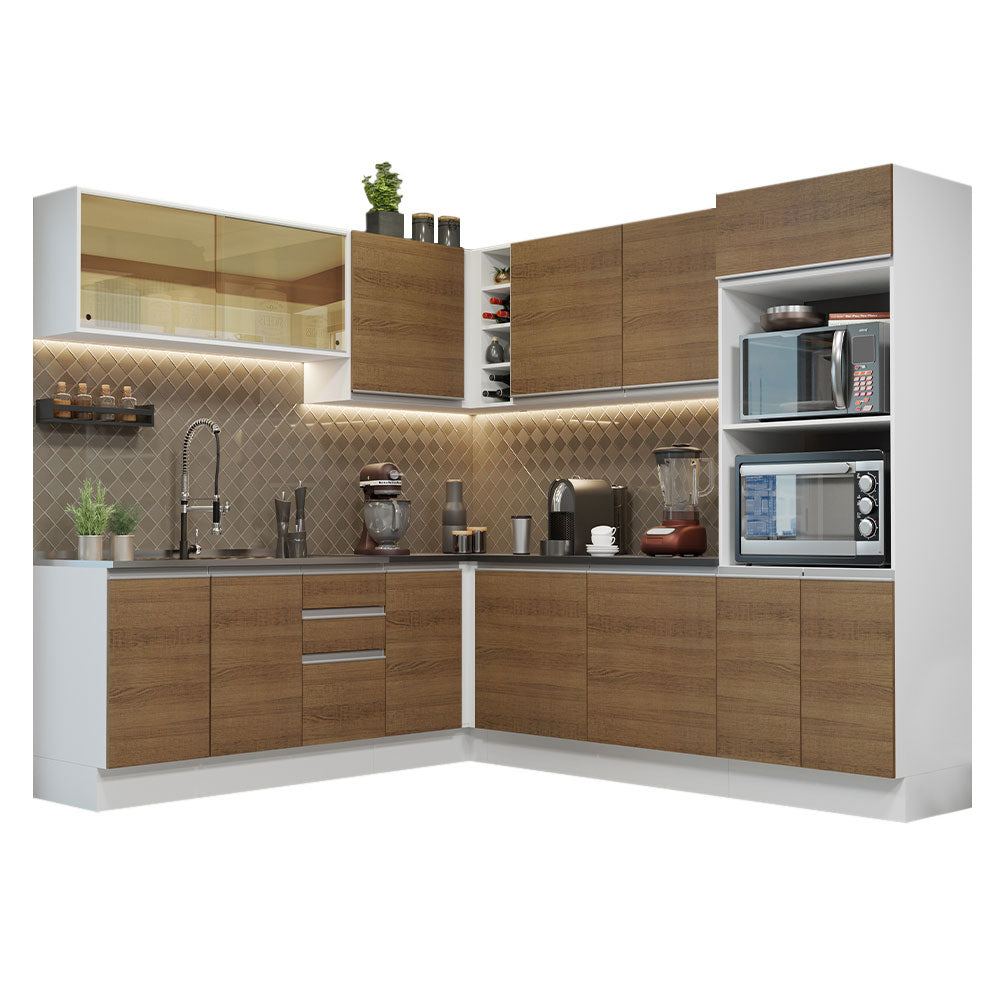 Armário de Cozinha Completa de Canto 100% MDF 459cm Branco/Rustic Acordes Madesa 01
