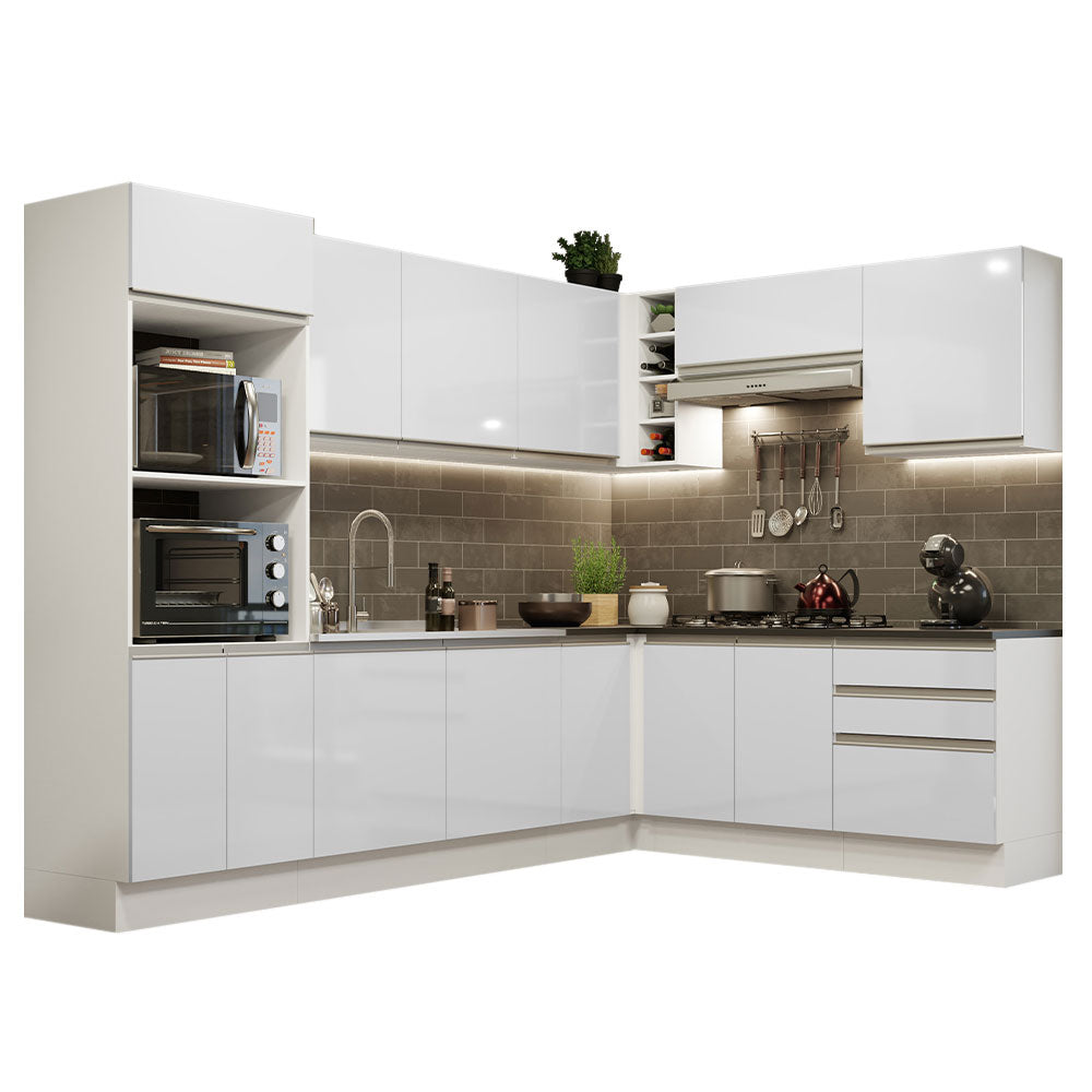 Armário de Cozinha Completa de Canto 100% MDF 479cm Frentes Branco Brilho Acordes Madesa 03