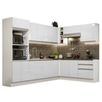 Armário de Cozinha Completa de Canto 100% MDF 479cm Frentes Branco Brilho Acordes Madesa 03