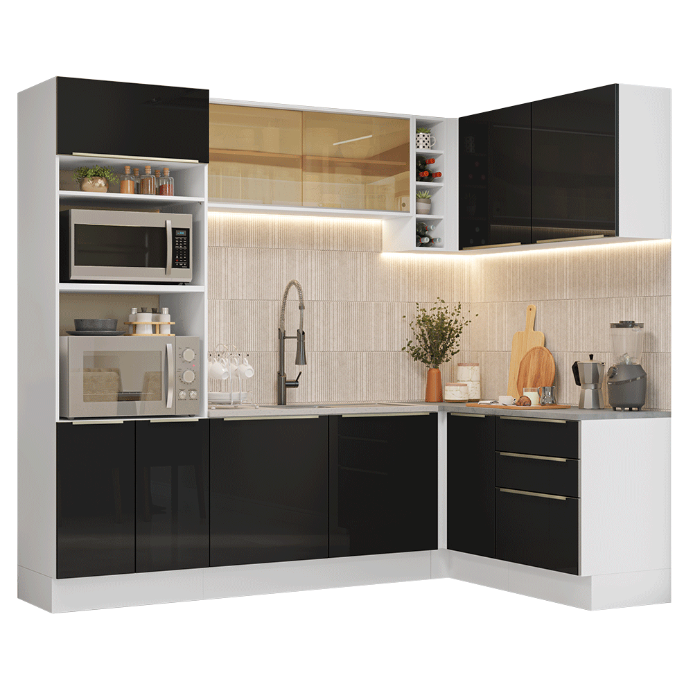 Armário de Cozinha Completa de Canto 399 cm Branco/Preto Lux Madesa 01