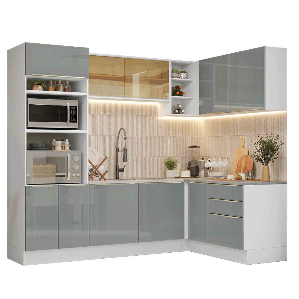Armário de Cozinha Completa de Canto 416 x 60 cm Branco/Cinza Lux Madesa 01