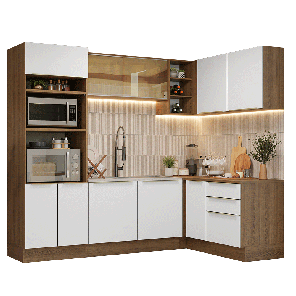 Armário de Cozinha Completa de Canto 416 cm Rustic/Branco Veludo Lux Madesa 01