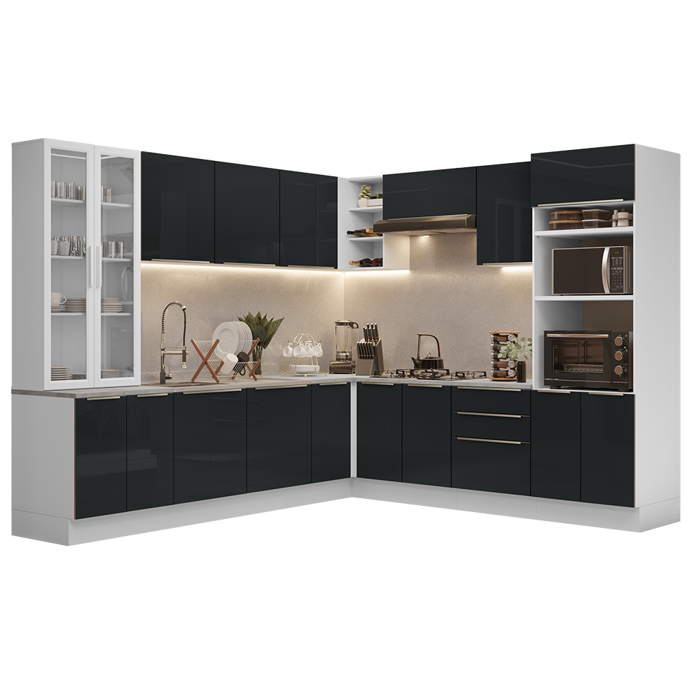 Armário de Cozinha Completa 566cm Branco/Preto Lux Madesa 01