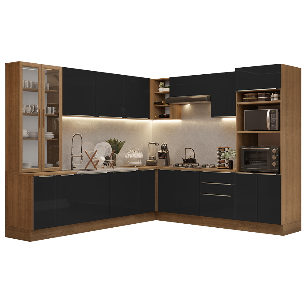 Armário de Cozinha Completa 566cm Rustic/Preto Lux Madesa 01