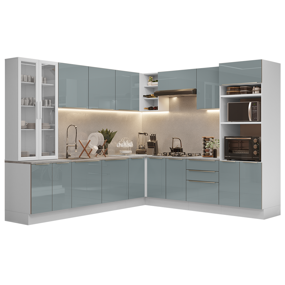 Armário de Cozinha Completa 566cm Branco/Cinza Lux Madesa 01