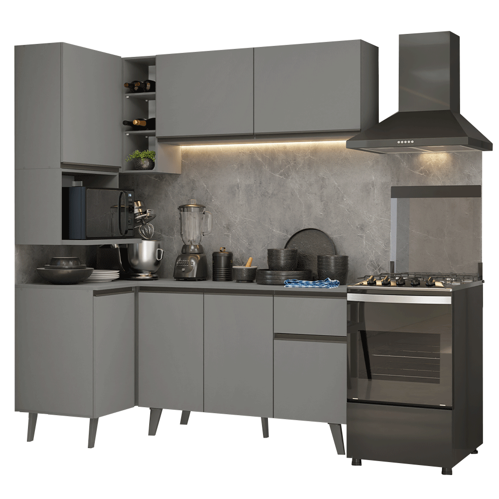 Armário de Cozinha Completa de Canto 265 cm Cinza Nice Madesa 05