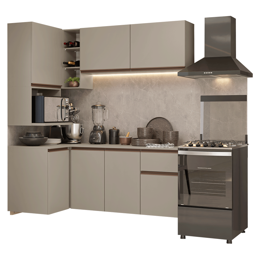 Armário de Cozinha Completa de Canto 265 cm Suspensa Crema Nice Madesa 06