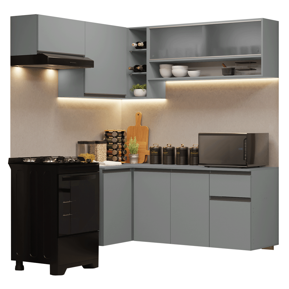 Armário de Cozinha Completa de Canto Suspenso 325cm Cinza Nice Madesa 01
