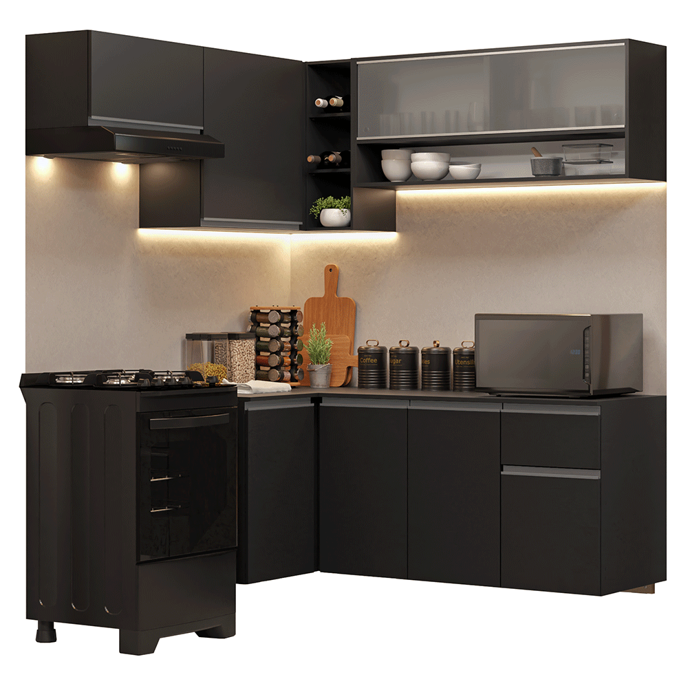Armário de Cozinha Completa de Canto Suspenso 325 cm Preto Nice Madesa 01