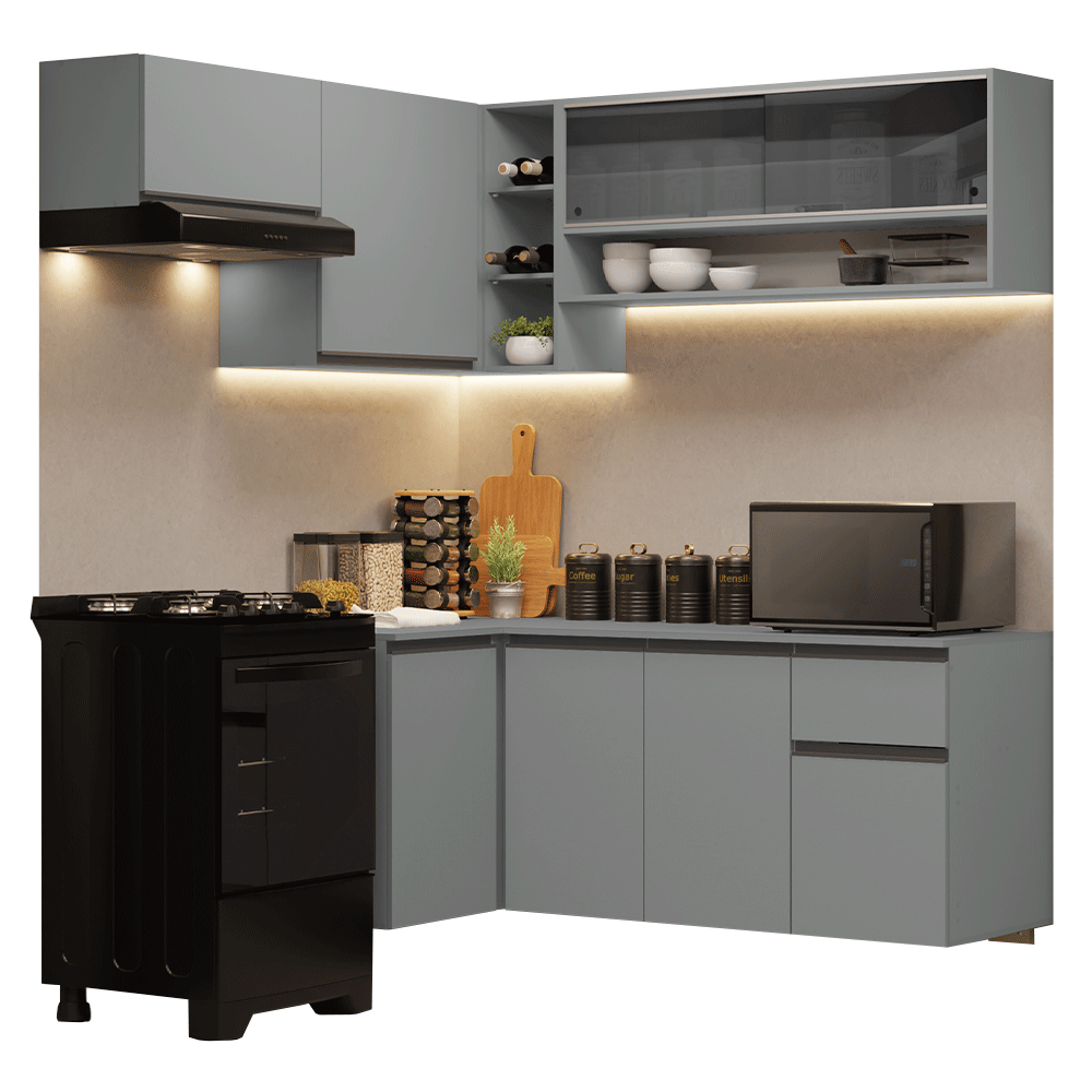Armário de Cozinha Completa de Canto Suspenso 325cm Cinza Nice Madesa 02