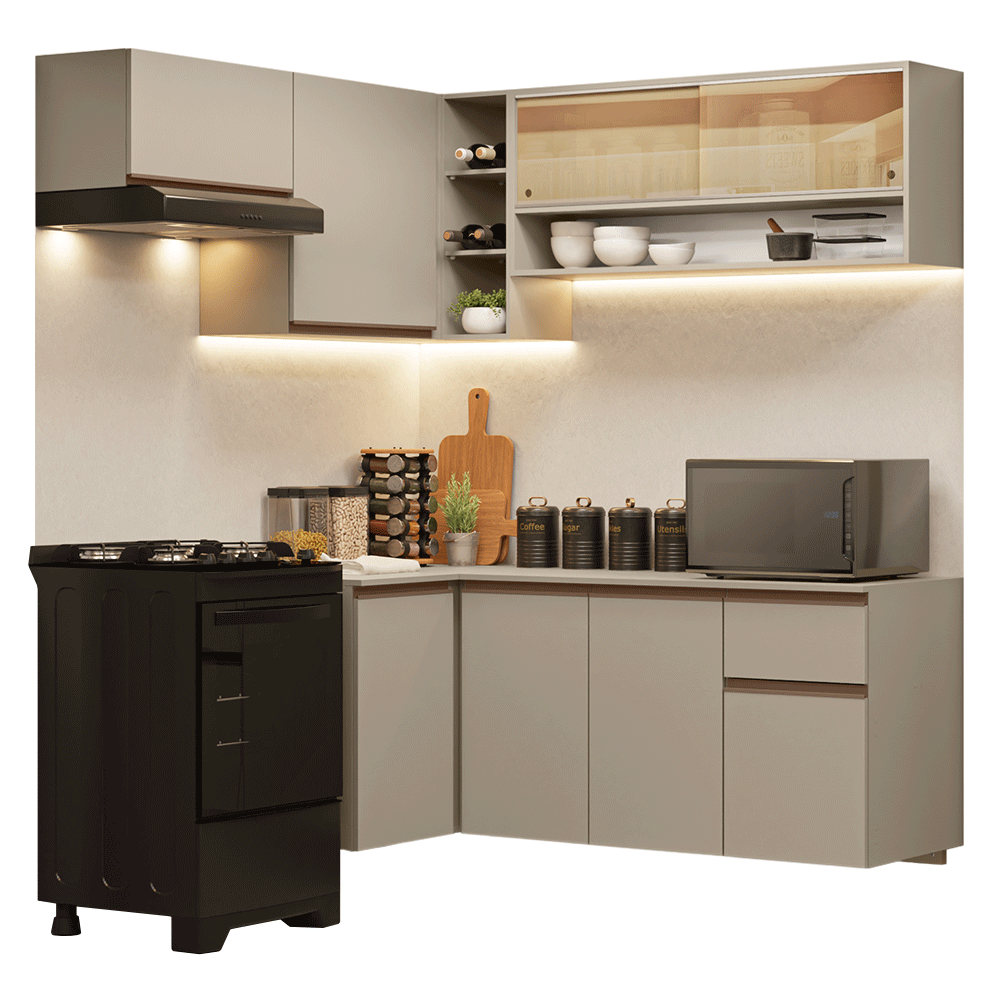 Armário de Cozinha Completa de Canto Suspensa 325 cm Crema Nice Madesa 02