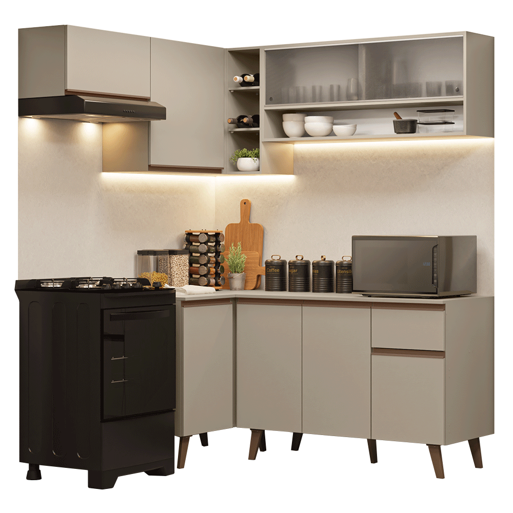 Armário de Cozinha Completa de Canto 325 cm Crema Nice Madesa 03