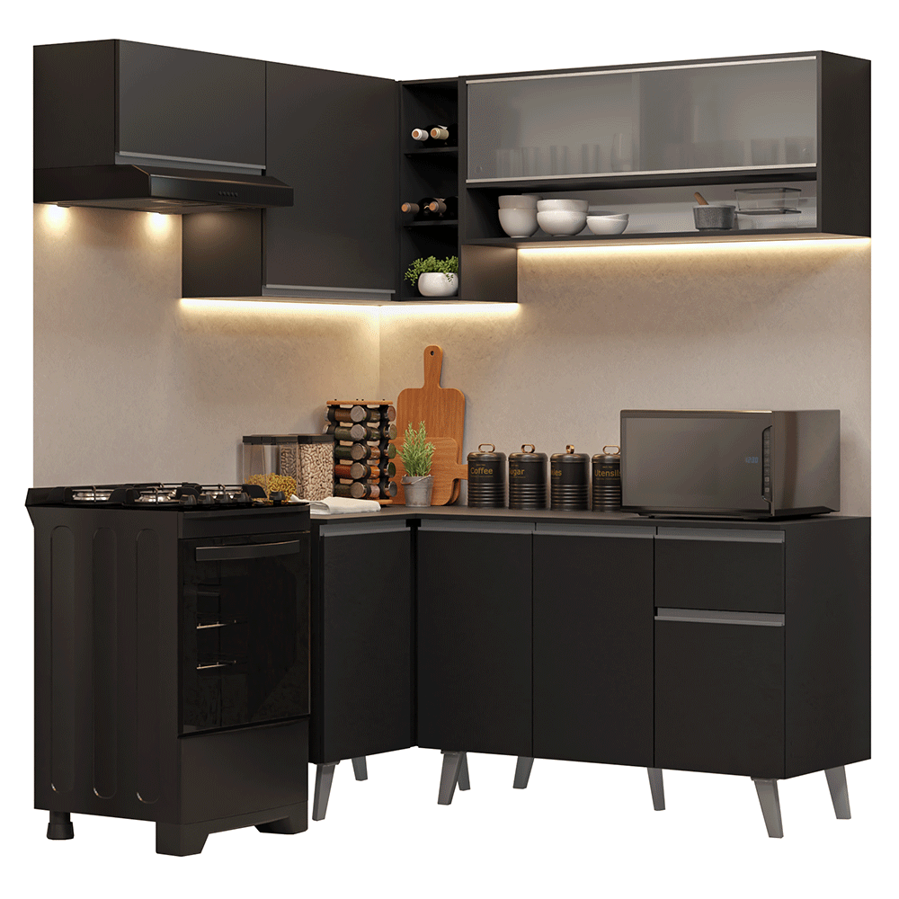 Armário de Cozinha Completa de Canto 325 cm Preto Nice Madesa 03