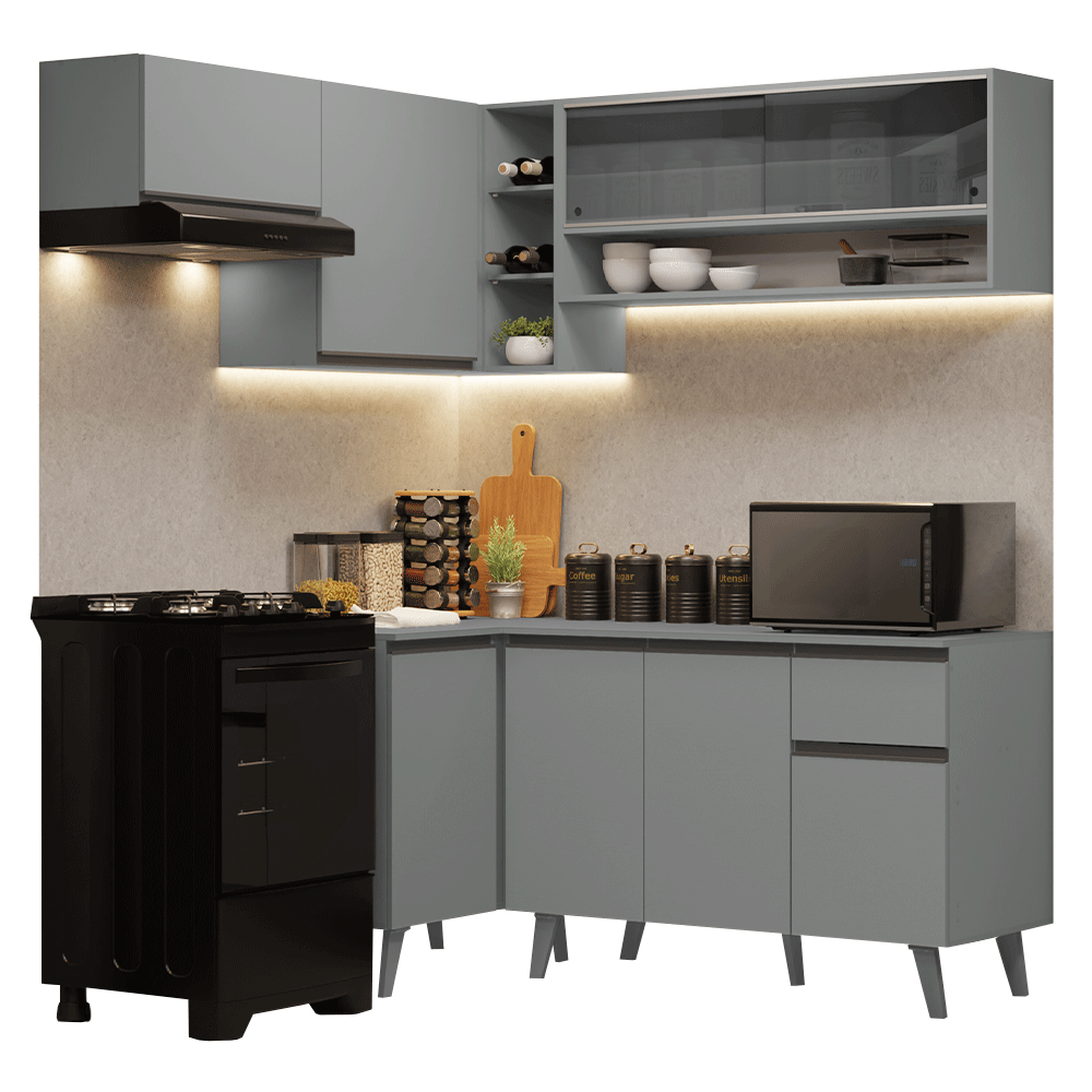Armário de Cozinha Completa de Canto 325cm Cinza Nice Madesa 04