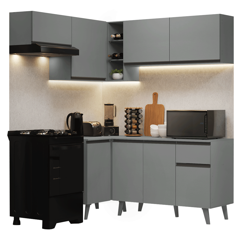 Armário de Cozinha Completa de Canto 325cm Cinza Nice Madesa 06