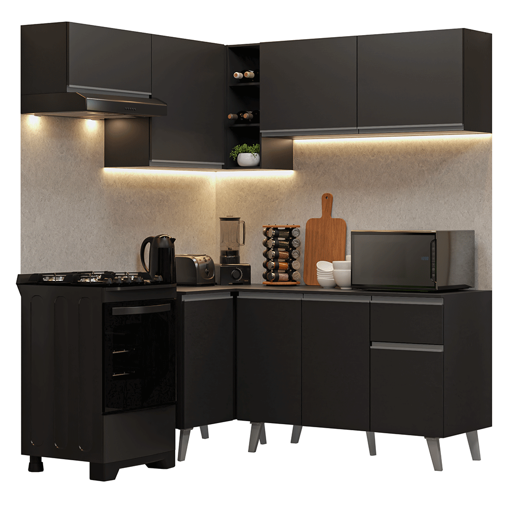 Armário de Cozinha Completa de Canto 325 cm Preto Nice Madesa 06