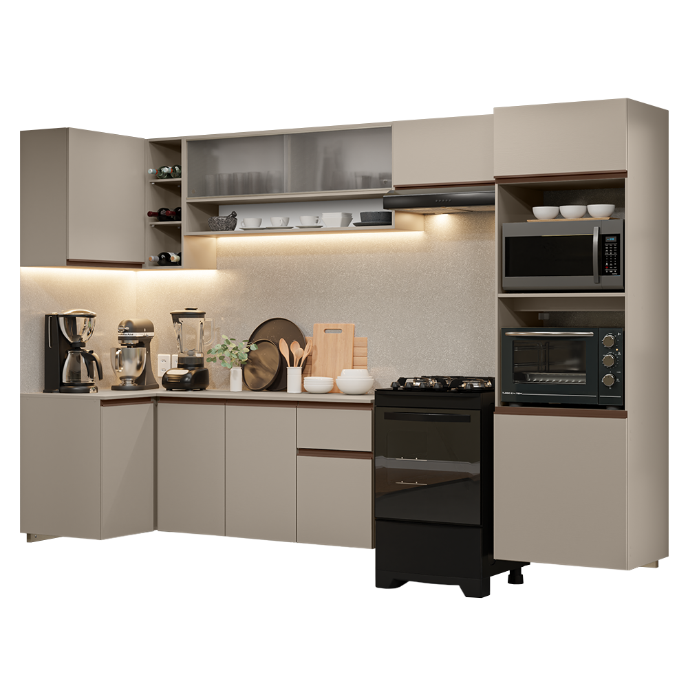 Armário de Cozinha Completa de Canto Suspenso 385cm Crema Nice Madesa 01