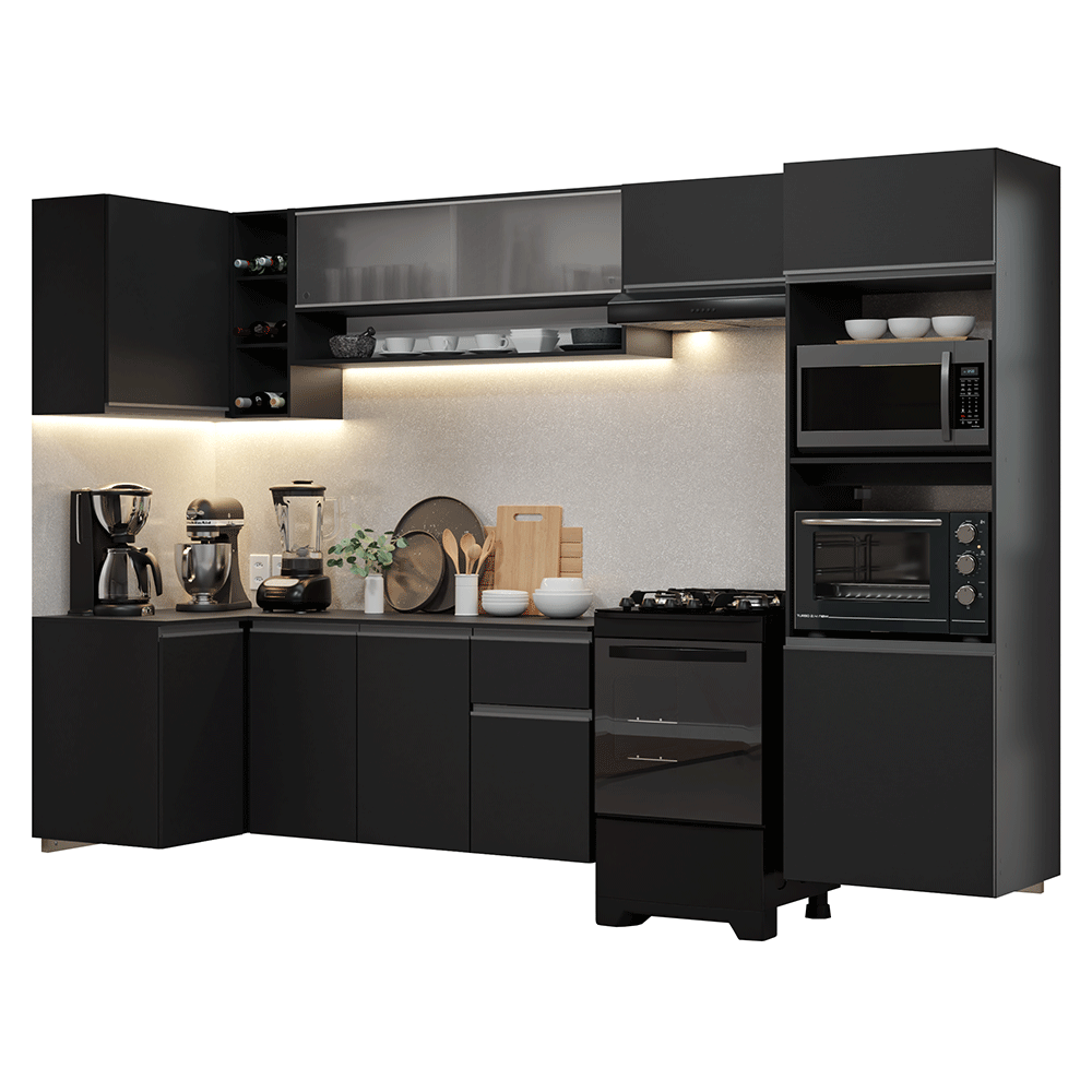 Armário de Cozinha Completa de Canto Suspenso 385 cm Preto Nice Madesa 01