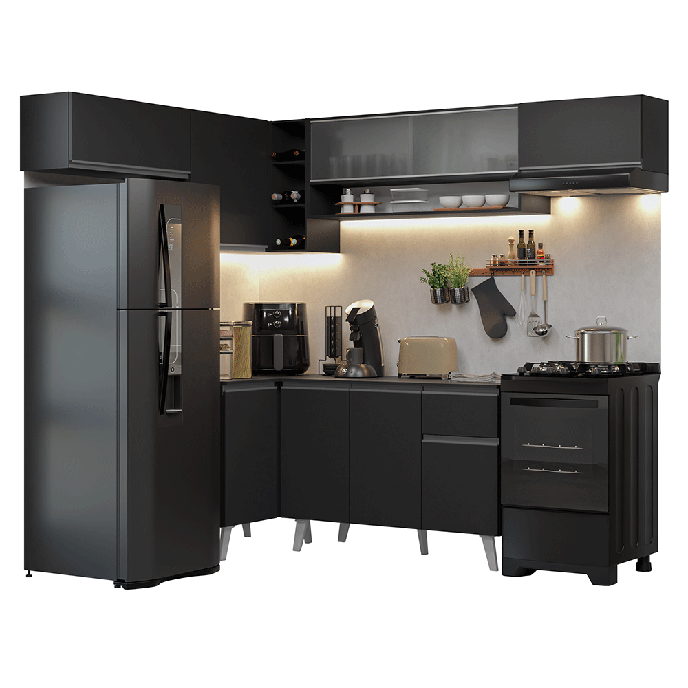 Armário de Cozinha Completa de Canto 405 cm Preto Nice Madesa 05