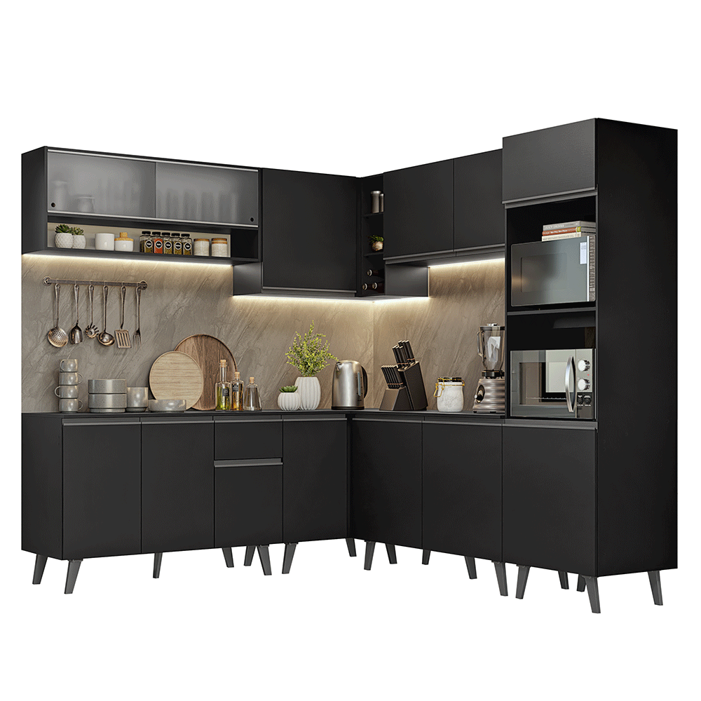 Armário de Cozinha Completa de Canto 445 cm Preto Nice Madesa 02