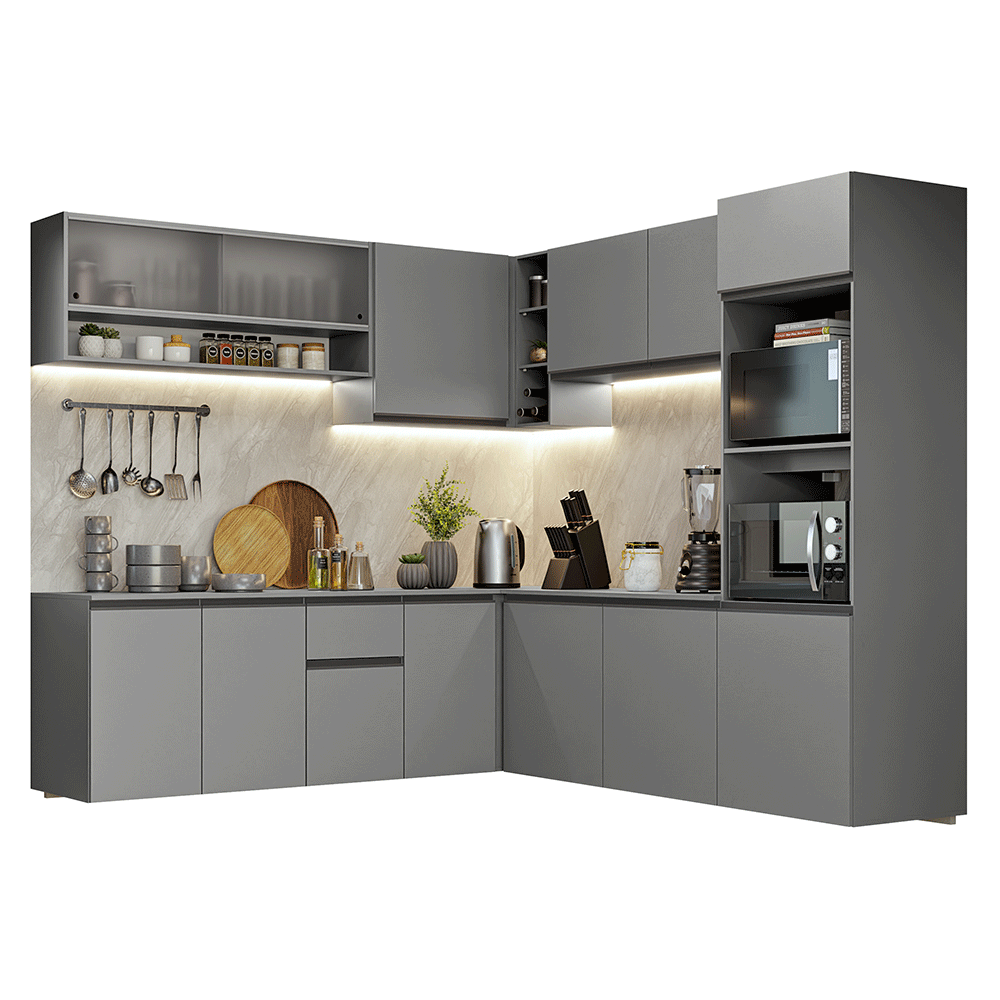 Armário de Cozinha Completa de Canto 445cm Suspensa Cinza Nice Madesa 03