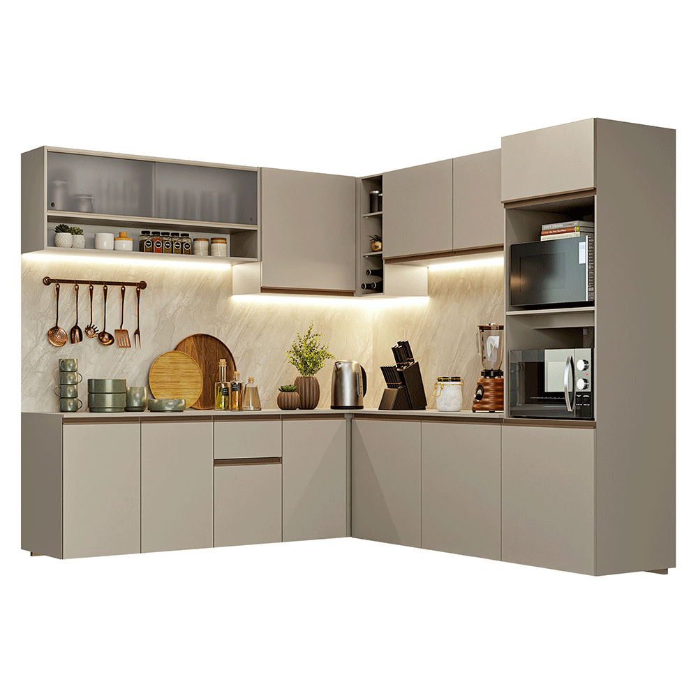Armário de Cozinha Completa de Canto 445cm Suspensa Crema Nice Madesa 03