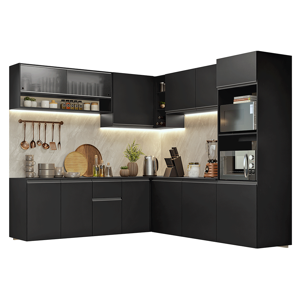Armário de Cozinha Completa de Canto 445 cm Suspenso Preto Nice Madesa 03