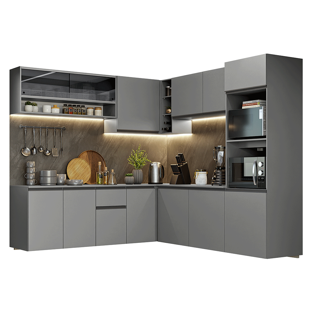 Armário de Cozinha Completa de Canto 445cm Suspensa Cinza Nice Madesa 04