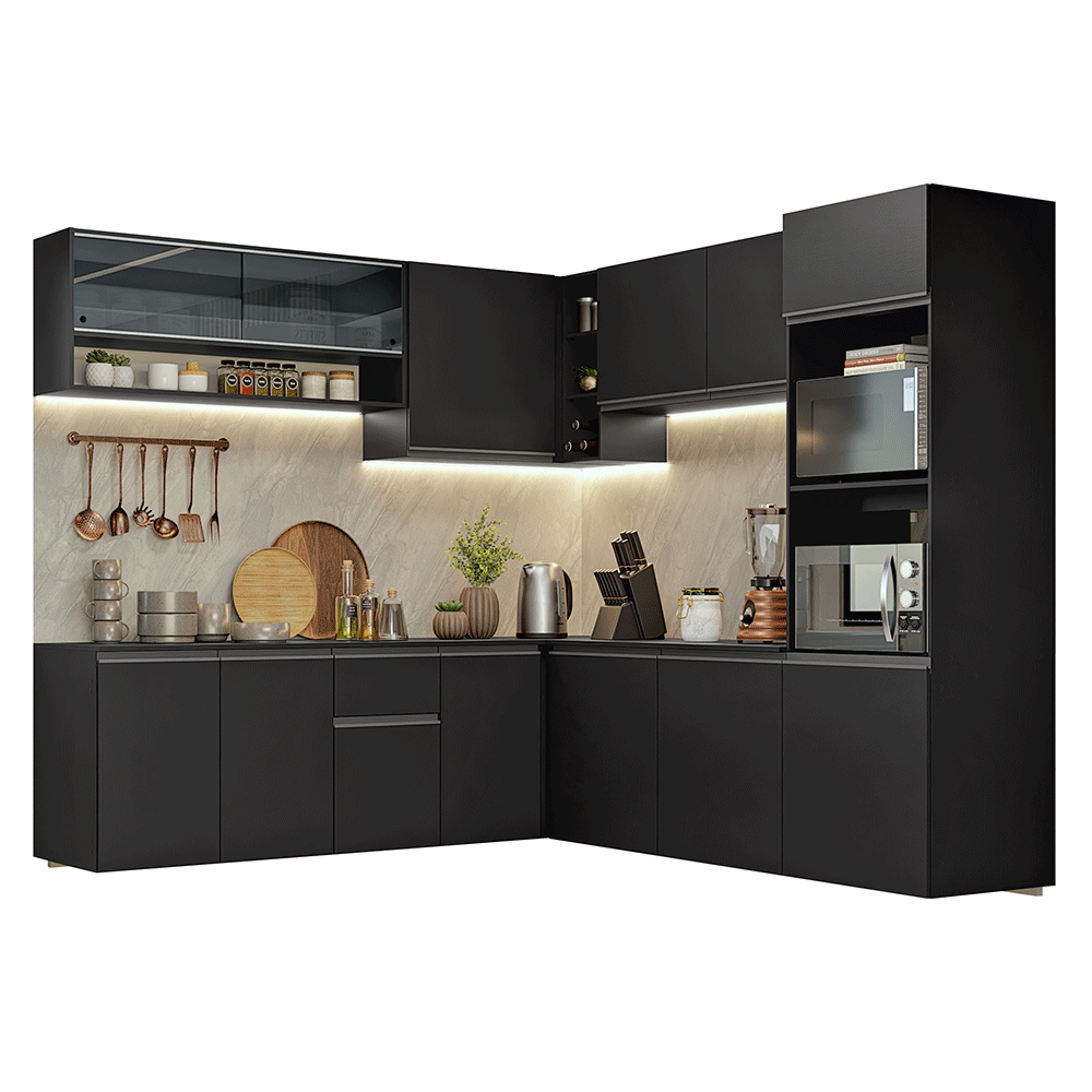 Armário de Cozinha Completa de Canto 445 cm Suspenso Preto Nice Madesa 04
